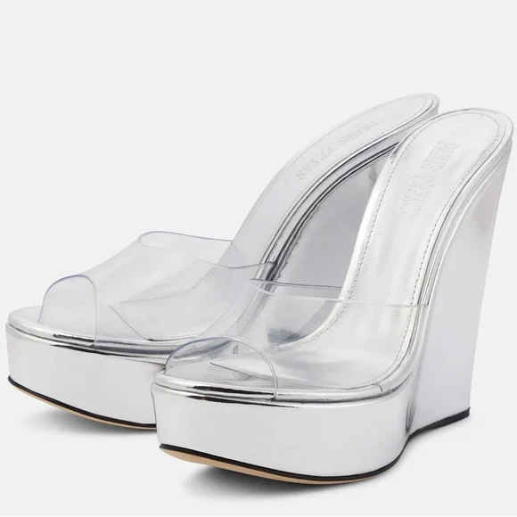 Paris Texas Lidia Metallic Leather Mules  Silver Cinderella Wedge - Picture 3 of 6